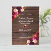 Rustieke Bourgogne Marsala Floral | Barn Wood Wedd Kaart (Staand voorkant)