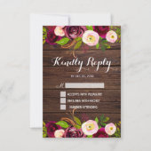 Rustieke Bourgogne Marsala Floral | Barn Wood Wedd RSVP Kaartje (Voorkant)