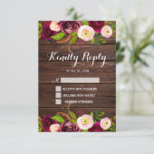 Rustieke Bourgogne Marsala Floral | Barn Wood Wedd RSVP Kaartje (Staand voorkant)