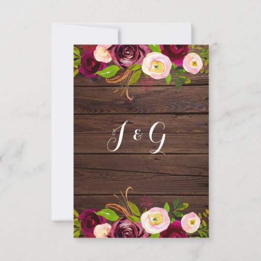Rustieke Bourgogne Marsala Floral | Barn Wood Wedd RSVP Kaartje (Achterkant)