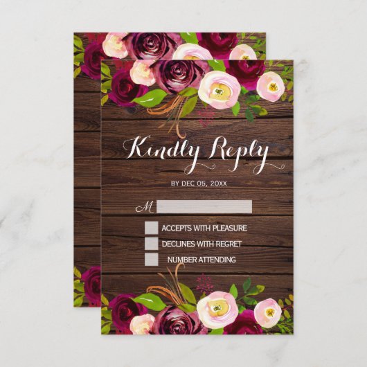 Rustieke Bourgogne Marsala Floral | Barn Wood Wedd RSVP Kaartje (Voorkant / Achterkant)