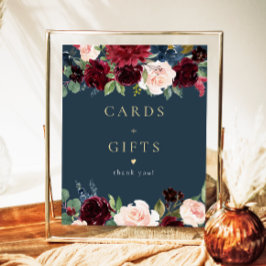 Rustieke Bourgogne & Navy Bloemen Kaarten en gesch Poster