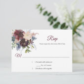 Rustieke Bourgogne Navy Gold Waterverf Bloemen RSV RSVP Kaartje (Staand voorkant)