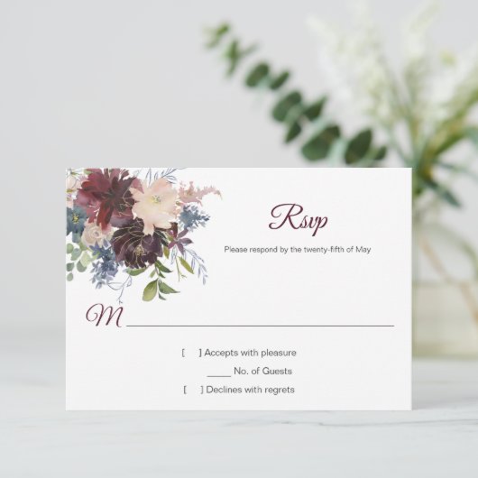 Rustieke Bourgogne Navy Gold Waterverf Bloemen RSV RSVP Kaartje (Staand voorkant)