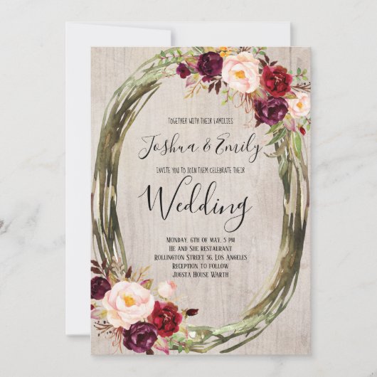 Rustieke Bourgogne Pioenbloem bruiloft uitnodiging (Voorkant)