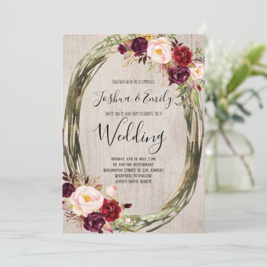 Rustieke Bourgogne Pioenbloem bruiloft uitnodiging (Staand voorkant)
