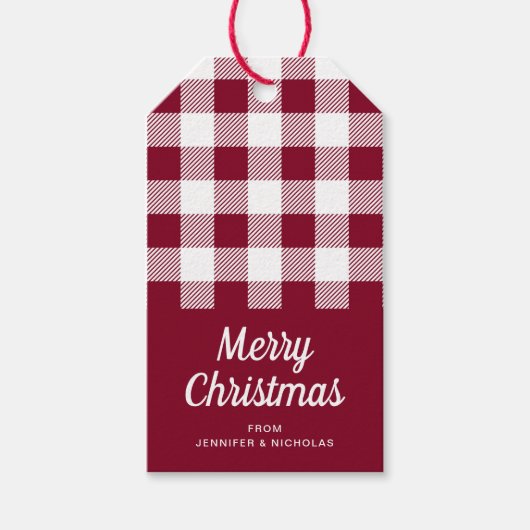 Rustieke Bourgogne Plaid Vrolijk Kerstfeest Cadeaulabel (Voorkant)