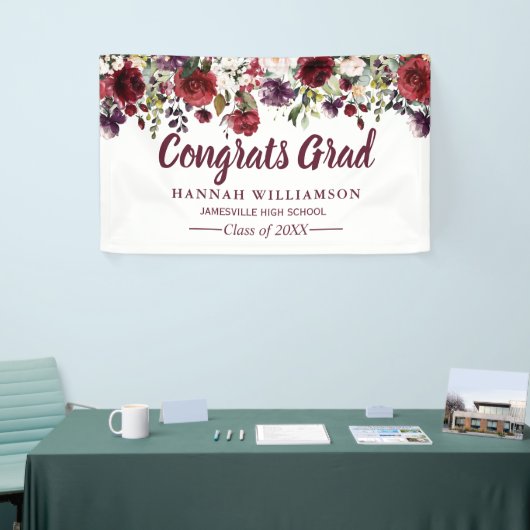 Rustieke Bourgogne Rode Bloemen Afstudeerfeest Spandoek (Beurs)