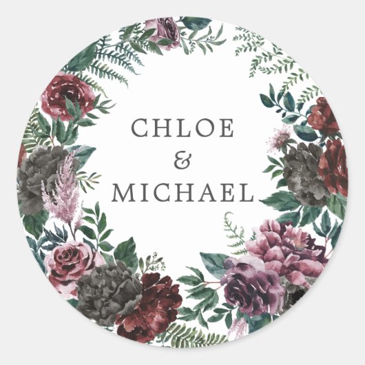 Rustieke Bourgogne Rode Bloemen Bruiloft Envelope  Ronde Sticker (Voorkant)