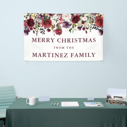 Rustieke Bourgogne Rode Bloemen Vrolijk Kerstfeest Spandoek (Beurs)