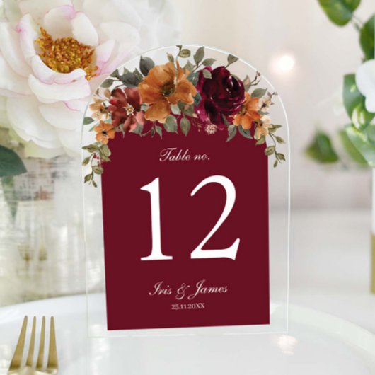 Rustieke Bourgogne Roest Bloemen Trouwtafel Nummer Acryl Uitnodigingen