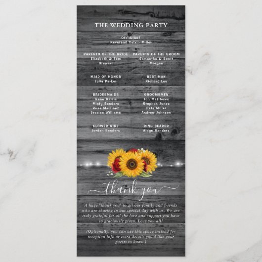 Rustieke Bourgogne Roos gouden zonnebloem bruiloft Programmakaart (Achterkant)