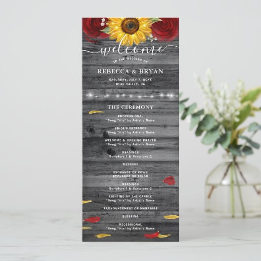 Rustieke Bourgogne Roos gouden zonnebloem bruiloft Programmakaart (Staand voorkant)