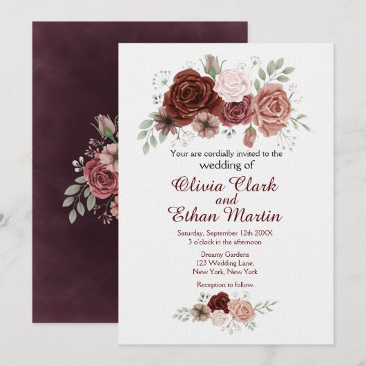 Rustieke Bourgogne Roze Bloemen Kaart (Voorkant / Achterkant)