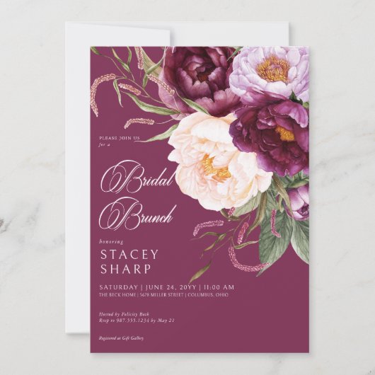 Rustieke Bourgogne & Roze Pioenen Bruidsbrunch Kaart (Voorkant)