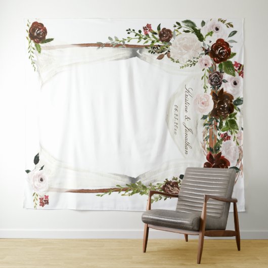 Rustieke Bourgogne Roze Rose Bloemen Bruiloft Tape Wandkleed (In Situ (horizontaal))