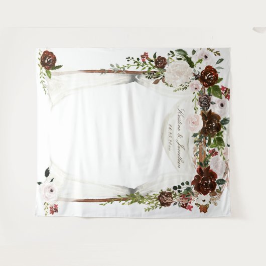 Rustieke Bourgogne Roze Rose Bloemen Bruiloft Tape Wandkleed (Voorkant (horizontaal))