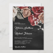 Rustieke Bourgogne Rozen QR Code Zwarte Huwelijk Kaart (Voorkant)