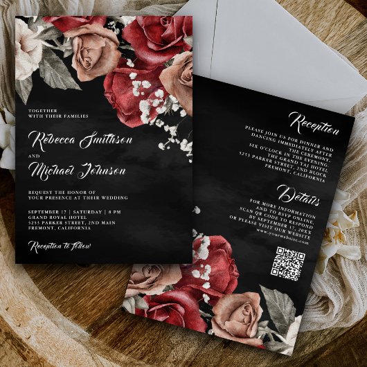 Rustieke Bourgogne Rozen QR Code Zwarte Huwelijk Kaart