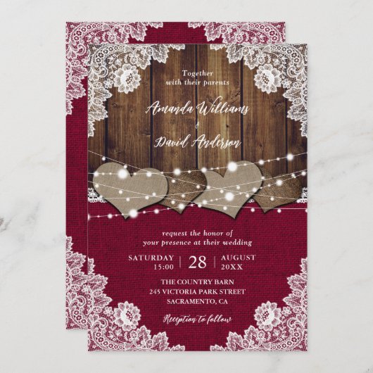 Rustieke Bourgogne Schuur Hout Burlap Kant Bruilof Kaart (Voorkant / Achterkant)