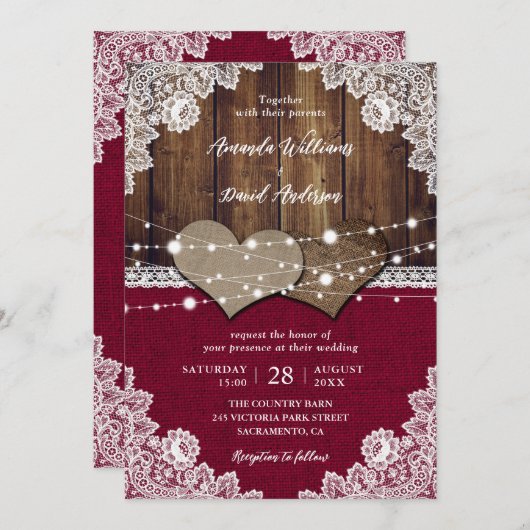 Rustieke Bourgogne Schuur Hout Burlap Kant Bruilof Kaart (Voorkant / Achterkant)