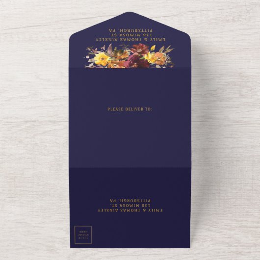 Rustieke Bourgogne Sinaasappel Geel Bloemen Bruilo All In One Uitnodiging (Buitenkant)