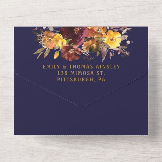 Rustieke Bourgogne Sinaasappel Geel Bloemen Bruilo All In One Uitnodiging (Achterkant)