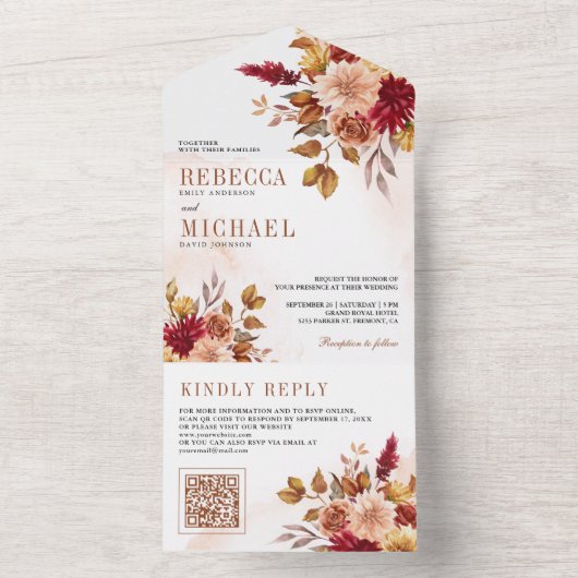 Rustieke Bourgogne Terracotta Bloemen QR Code Brui All In One Uitnodiging (Binnen)