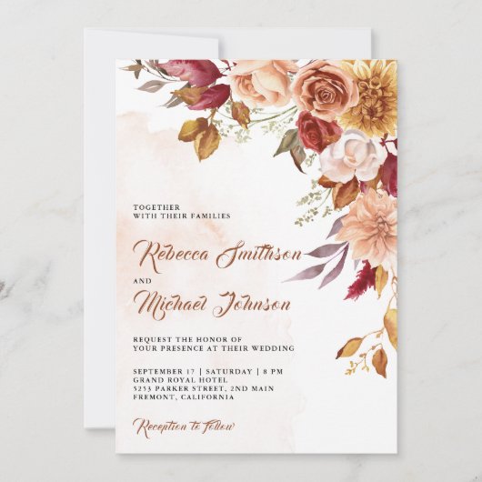 Rustieke Bourgogne Terracotta Bloemen QR Code Brui Kaart (Voorkant)