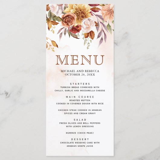 Rustieke Bourgogne Terracotta Bloemenbruiloft Menu (Voorkant)