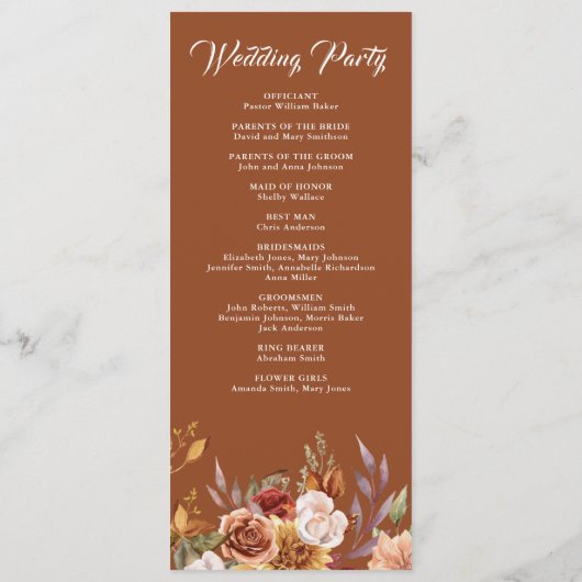 Rustieke Bourgogne Terracotta Bloemenbruiloft Programmakaart (Achterkant)