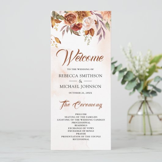 Rustieke Bourgogne Terracotta Bloemenbruiloft Programmakaart (Staand voorkant)