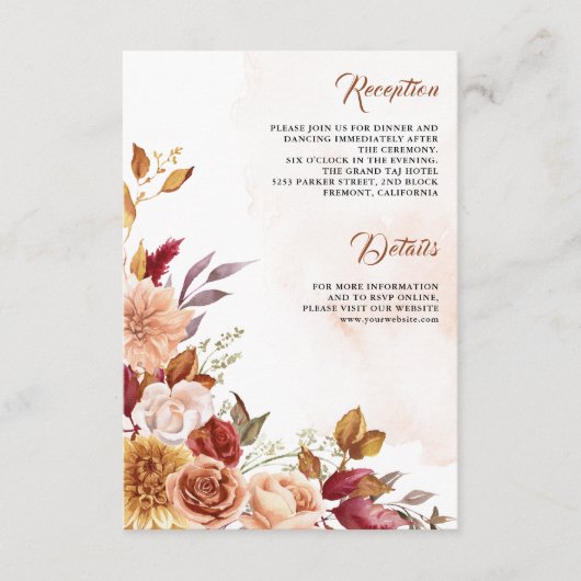 Rustieke Bourgogne Terracotta Floral bruiloft Deta Informatiekaartje (Voorkant)