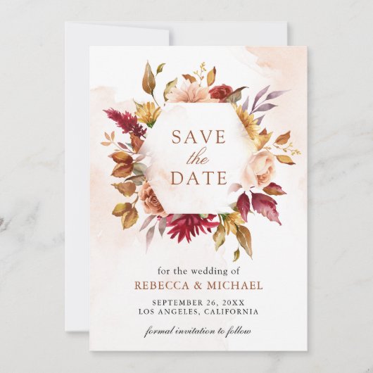 Rustieke Bourgogne Terracotta Floral bruiloft foto Save The Date (Voorkant)
