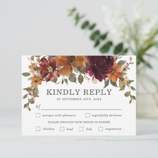 Rustieke Bourgogne Verbrand Sinaasappel Bloemen Tr RSVP Kaartje (Staand voorkant)