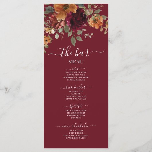 Rustieke Bourgogne Verbrand Sinaasappel Bloemen We Programmakaart (Achterkant)