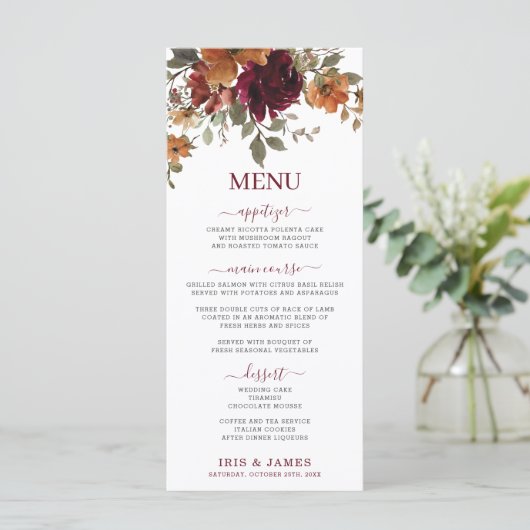 Rustieke Bourgogne Verbrand Sinaasappel Bloemen We Programmakaart (Staand voorkant)