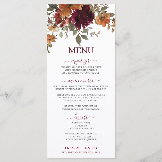 Rustieke Bourgogne Verbrand Sinaasappel Bloemen We Programmakaart (Voorkant)