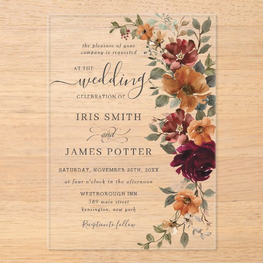 Rustieke Bourgogne Verbrand Sinaasappel Roest Bloe Acryl Uitnodigingen (Voorkant)