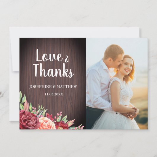 Rustieke Bourgogne Waterverf Bloemen Foto Bruiloft Bedankkaart (Voorkant)