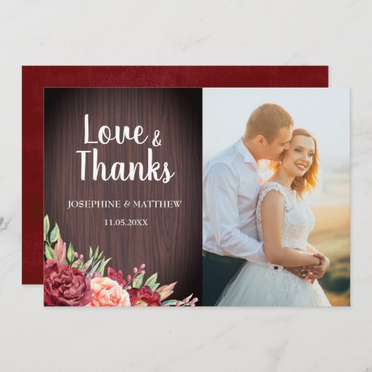 Rustieke Bourgogne Waterverf Bloemen Foto Bruiloft Bedankkaart (Voorkant / Achterkant)