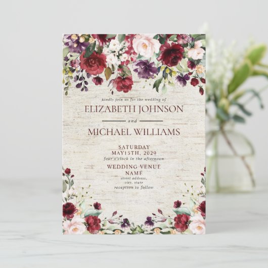 Rustieke Bourgogne Waterverf Floral Birch Bruiloft Kaart (Staand voorkant)