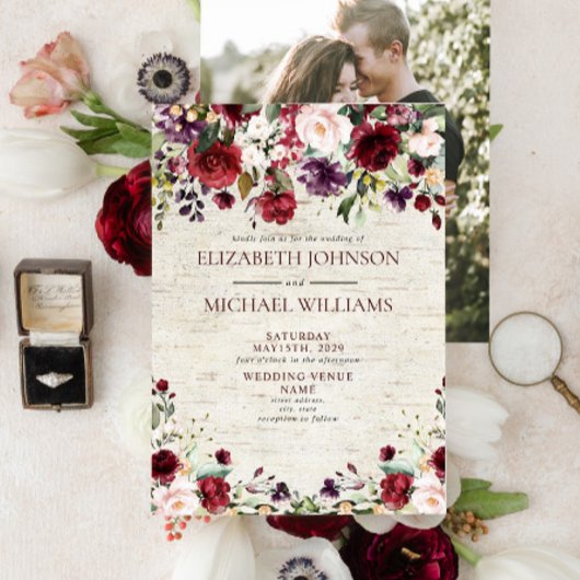 Rustieke Bourgogne Waterverf Floral Birch Foto Kaart