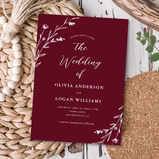 Rustieke Bourgogne Wildflower Boho bruiloft Kaart