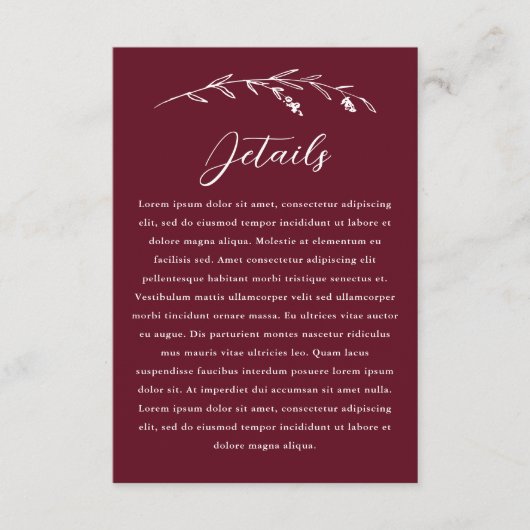 Rustieke Bourgogne Wildflower bruiloft details Informatiekaartje (Voorkant)