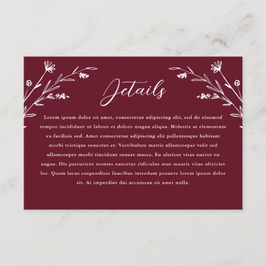 Rustieke Bourgogne Wildflower bruiloft details Kaa Informatiekaartje (Voorkant)