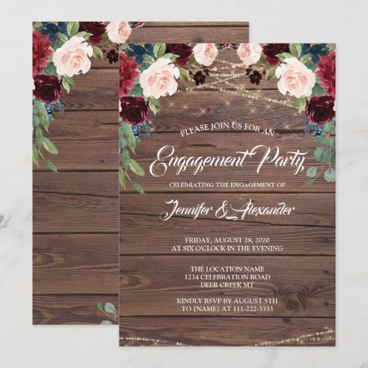 Rustieke Bourgogne Wood Marsala Verlovingsfeest Kaart (Voorkant / Achterkant)