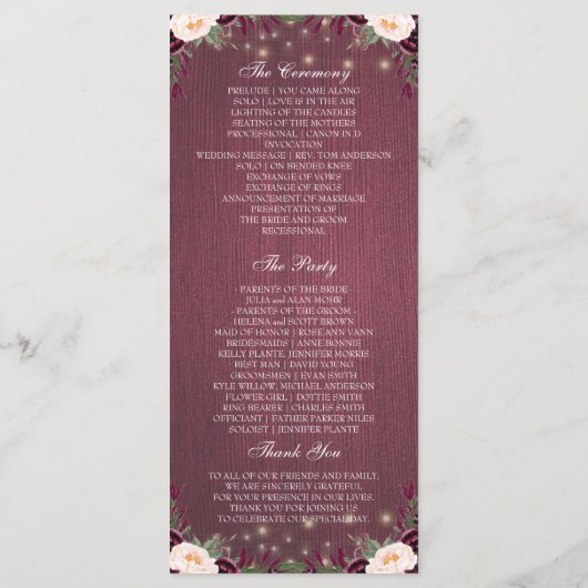 Rustieke Bourgogne Wood String Lights Trouwprogram Programmakaart (Achterkant)