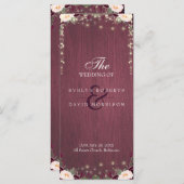 Rustieke Bourgogne Wood String Lights Trouwprogram Programmakaart (Voorkant / Achterkant)