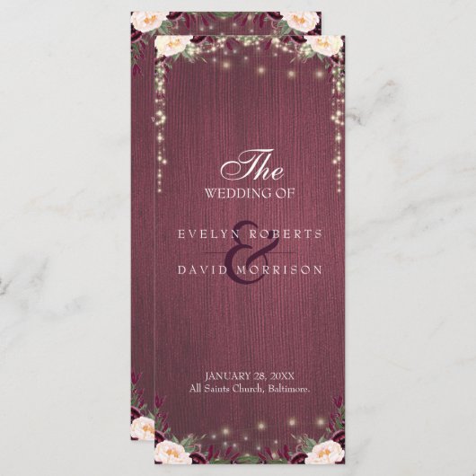 Rustieke Bourgogne Wood String Lights Trouwprogram Programmakaart (Voorkant / Achterkant)